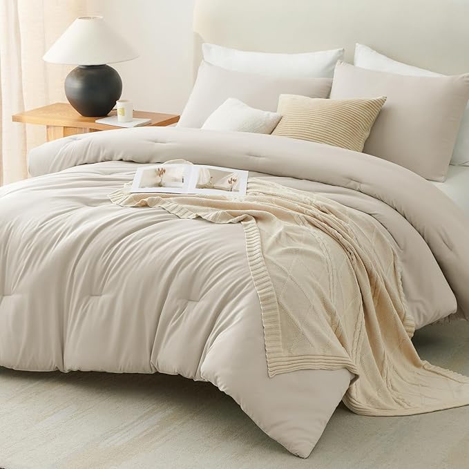 CozyLux Queen Comforter Set Oatmeal, 3 Pieces Solid Comforters Queen Size - Image 7