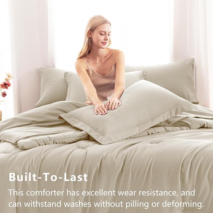 CozyLux King Size Comforter Set Oatmeal, 7 Pieces Bed in a Bag King Comforter - Image 3