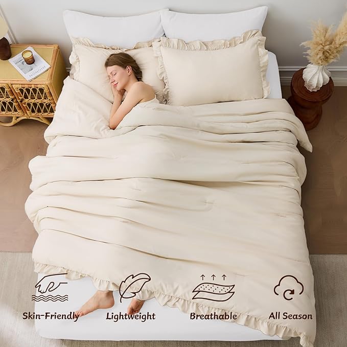 FUANNA Queen Comforter Set Beige 3 Pieces, Ruffle Shabby Chic Queen Bed Set - Image 4