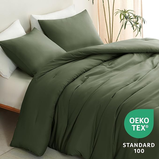 CozyLux California King Comforter Set Olive Green, 3 Pieces Cal King Solid - Image 4