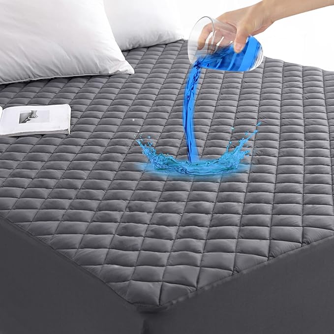 GRT Queen Size Grey Quilted Fitted Mattress Pad, 100% Waterproof Breathable by GRT