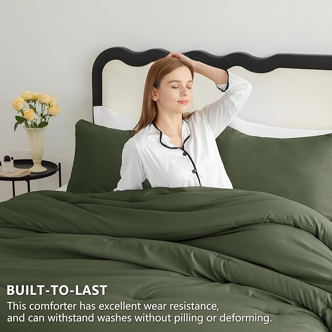 CozyLux California King Comforter Set Olive Green, 3 Pieces Cal King Solid - Image 3