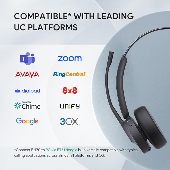 Yealink BH70 Mono Wireless Bluetooth Headset with Microphone for Work, up to 35h Talking Battery Life, 3-Mic Noise Cancellation, 91g Lightweight Microsoft Teams Certified Work Headsets for PC-DeskoryOffice