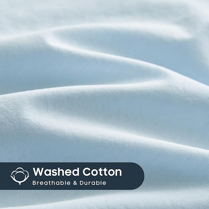 Wake In Cloud - Cotton Duvet Cover Set, Twin Size, Sky Blue, 100% Washed Cotton - Image 7