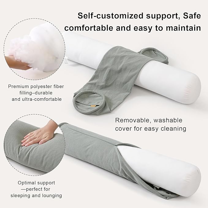 Long Bolster Pillow for Bed – Soft Corduroy Body Pillow for Adults, Ergonomic Full-Length Support for Better Sleep,59 x 7.87 Inches,Grey Green