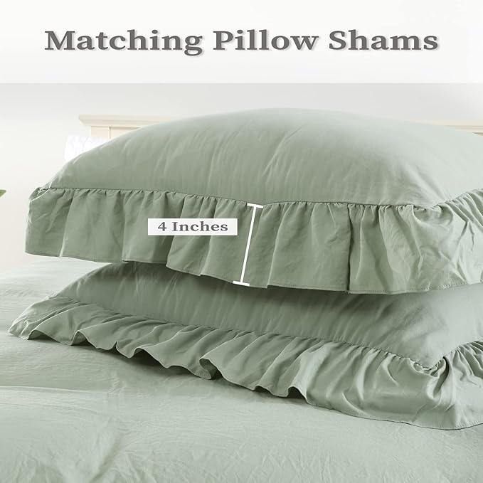 Ruffle Duvet Cover King Size, Sage Green, 104x90 in - Image 3