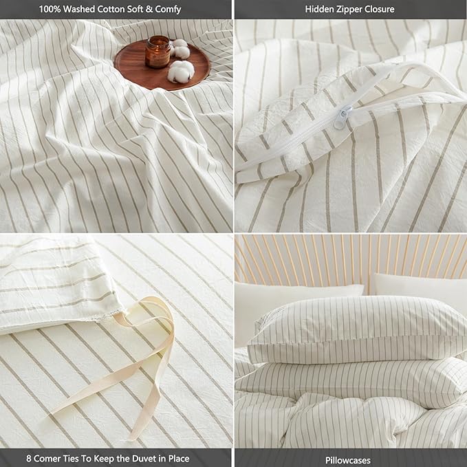 Nayoroom Striped Duvet Cover King Size 100% Washed Cotton White Brown Stripe - Image 6
