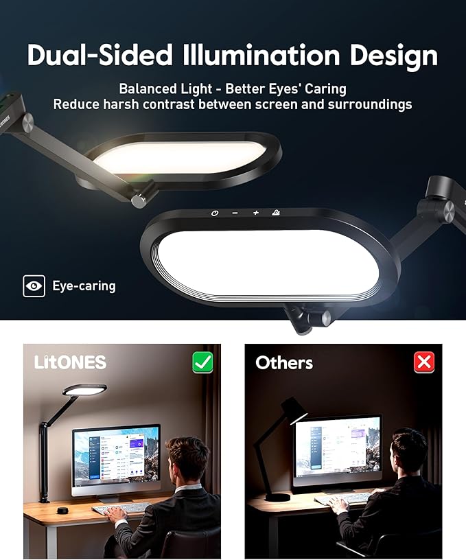 Desk Lamp for Home Office, Eye-Care Dual-Sided Seamless Dimmable LED Desk Light with Knob Remote, Adjustable Arm Clamp Computer Lighting for Video Conference Recording, Zoom Call, Task, Stream-DeskoryOffice