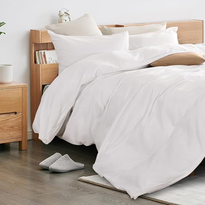 NEXHOME PRO Cotton Duvet Cover Queen Size White, Organic Natural Linen Feel - Image 3
