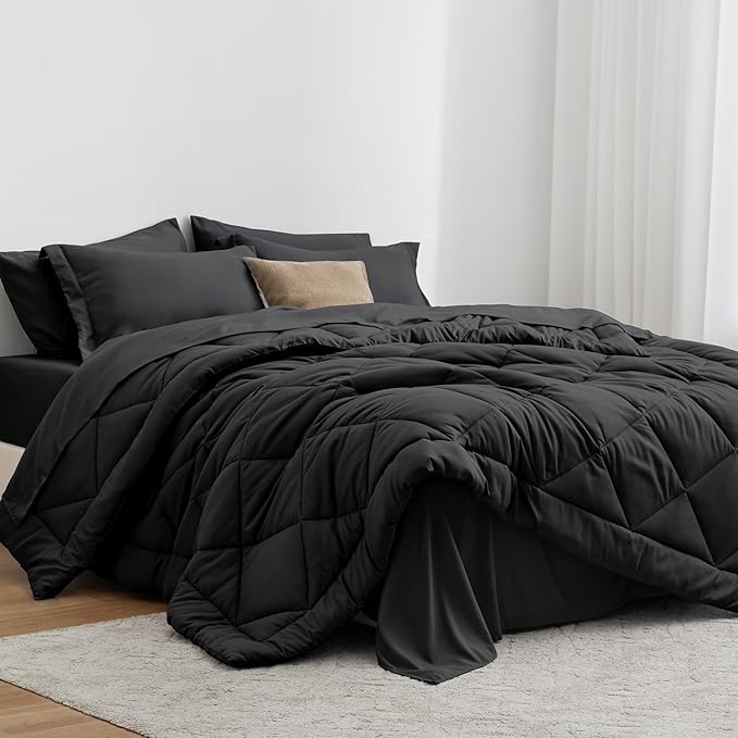Love's cabin Full Comforter Set Black, 7 Pieces Full Bed in a Bag, All Season by Lovescabin