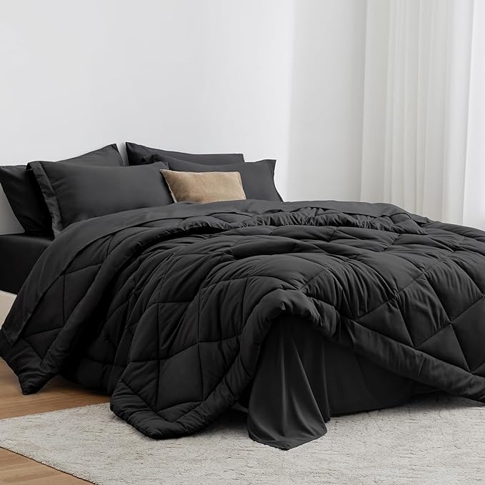 Love's cabin Oversized Queen Comforter Set Black, 7 Pieces Bed in a Bag by Lovescabin