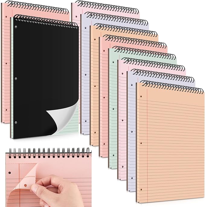 10 Packs 8.5" x 11" Top Spiral Notebook with 3 Hole Punched Legal Pads College Ruled Notepad 50 Sheets Hard Cardboard Paper Wirebound Notepad for Office School Business (Light Colors)-DeskoryOffice