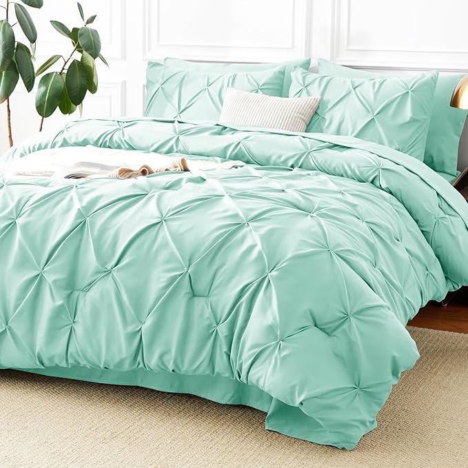 CozyLux Queen Comforter Set Mint Green, 7 Pieces Pintuck Bed in A Bag, Premium by CozyLux
