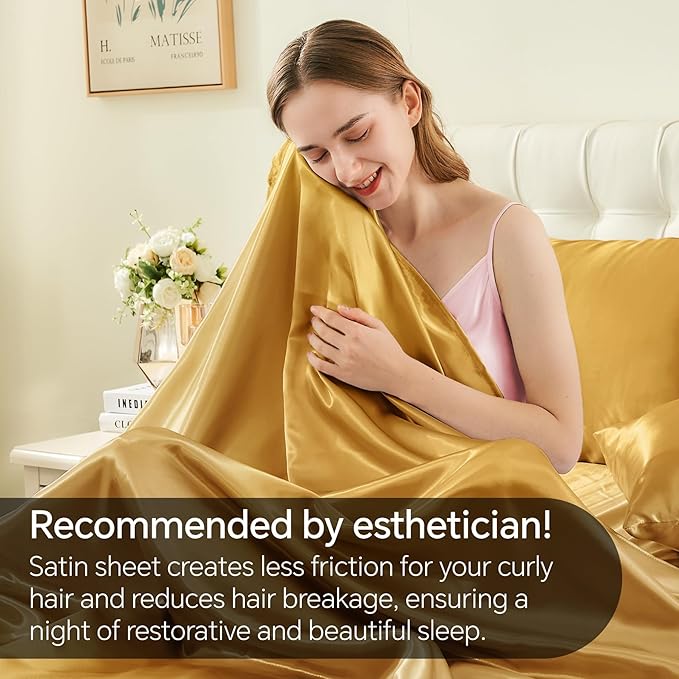 BEDELITE Satin Sheets Twin XL Size Bed Set, Luxury Soft Gold Silky Sheets - Image 4