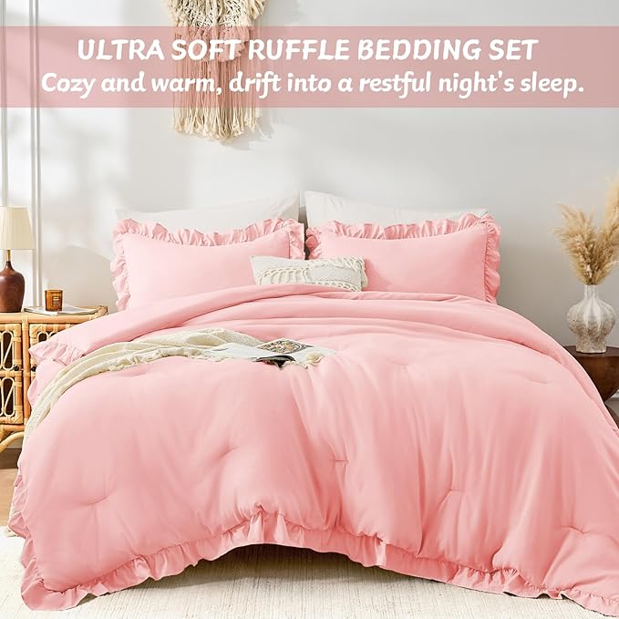 FUANNA Twin Comforter Set Pink, 2 Pieces Ruffle Twin Bed Set, Fluffy Twin - Image 5