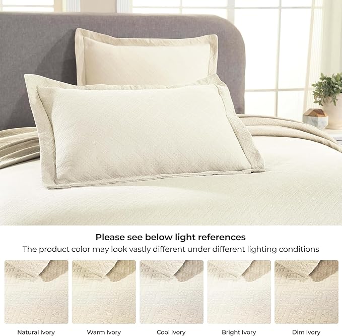 Superior 3 Piece Basketweave Cotton Bedspread Set, Home Bed Decor, Decorative Bed Spread, 2 Pillow Shams, Medium Weight Blanket, Matelasse Coverlet Bedding, Geometric Lattice Pattern, King, Ivory
