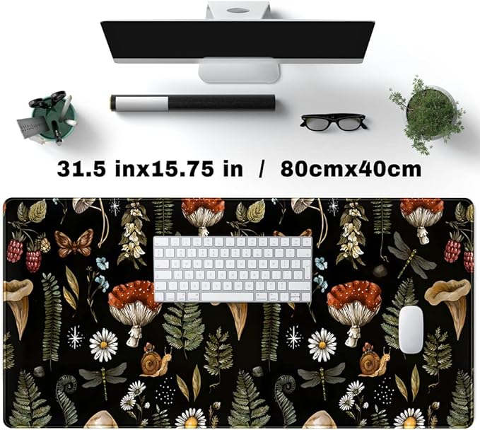 Black Mouse Pad Cottage Core Aesthetic Mouse Pads Mushroom Desk Pad Vintage Mouse Pad Forest Magic Nature Large Desk Pad Ergonomic Mouse Pads with Stitched Edges Non-Slip Computer Mat 31.5x15.7 in-DeskoryOffice