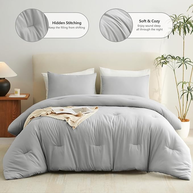 CozyLux Queen Comforter Set Light Grey, 3 Pieces Solid Comforters Queen Size - Image 2
