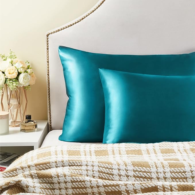 BEDELITE Satin Pillowcase with Zipper, Teal Pillow Cases Queen Size Set of 2 - Image 6