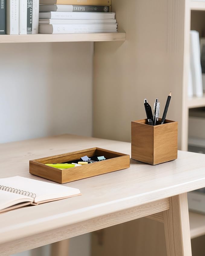 HULISEN Wooden Desk Organizer Tray with Pen Holder, Non-Slip Desk Tray and Pencil Holder Set with Felt Lined, Desktop Accessories for Home Office Workspace Organization-DeskoryOffice