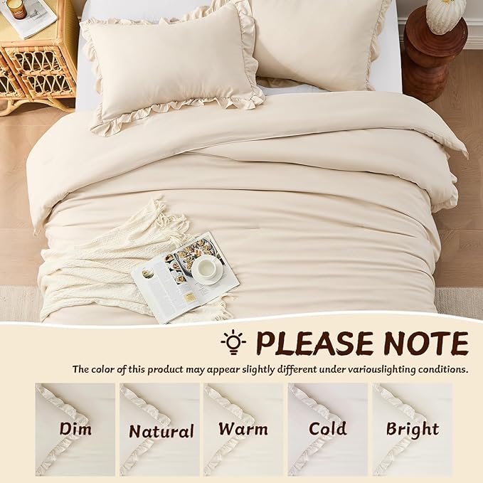 FUANNA Twin Comforter Set Beige, Ruffle Shabby Chic Twin Bed Set, Fluffy - Image 7