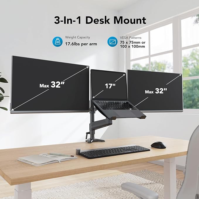 HUANUO Dual Monitor and Laptop Mount for Max 32” Monitor and 17” Laptop, Adjustable Spring Arm with Tilt, Swivel and Rotation, Dual Monitor and Notebook Stand with VESA Bracket 75/100 mm-DeskoryOffice