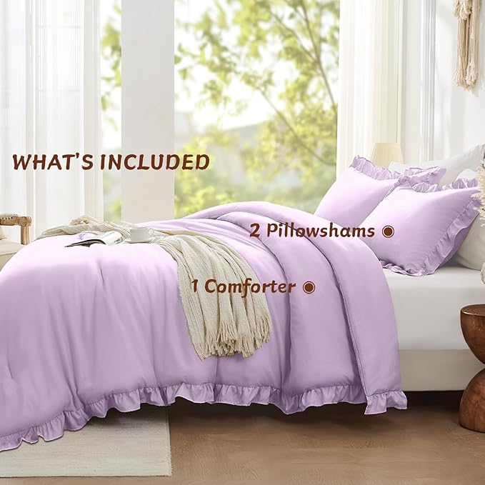 FUANNA Queen Comforter Set Lavender, 3 Pieces Ruffle Queen Bed Set, Fluffy Bed - Image 5