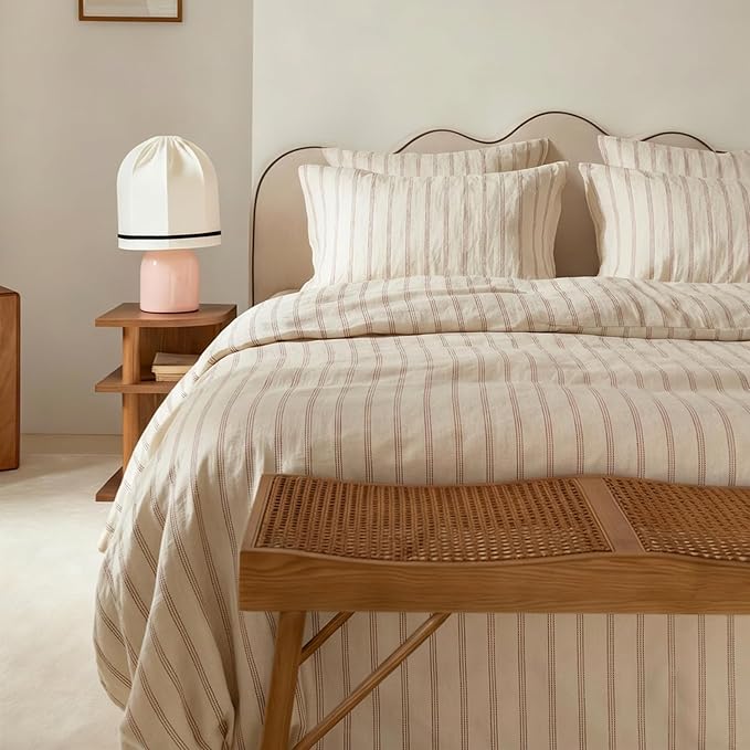 mixinni Striped Duvet Cover Set Twin Size, 3 Piece Cotton Linen Blend Bedding by mixinni