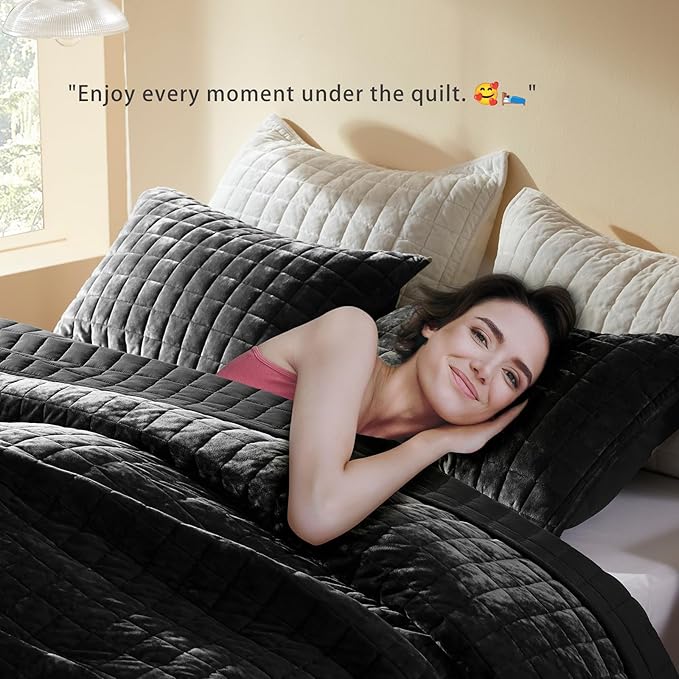 LEAONME Velvet Quilt Oversized California King-120''x120'', Lightweight Black Velvet Comforter Set with 2 Pillow Shams, Oversized Bedspread Coverlet Quilted Bedding Set for All Season