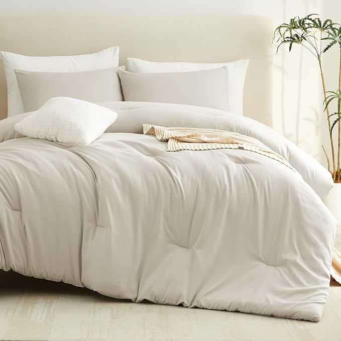 CozyLux Queen Comforter Set Oatmeal, 3 Pieces Solid Comforters Queen Size - Image 9