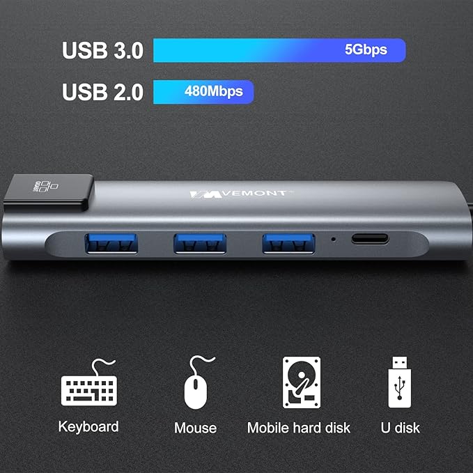 VEMONT USB C hub,5 in1 USB-C hub, Type-c multiport Adapter with Gigabit Ethernet, 3 USB 3.0 hub for Data, 100W Power Delivery, USB c hub for Laptop MacBook/ipad, and Other USB C Devices-DeskoryOffice