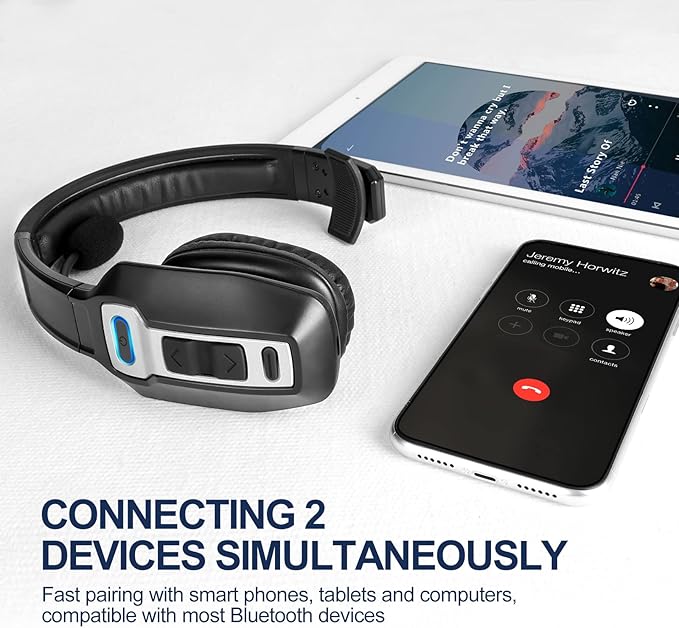 Trucker Bluetooth Headset, V5.2 Wireless Headset with Upgraded Microphone AI Noise Canceling, On Ear Bluetooth Headphone with Mute for Driver Office Call Center (Black+Dongle)-DeskoryOffice