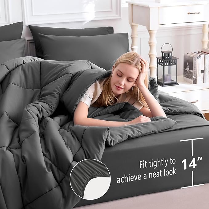 CozyLux King Size Comforter Set Dark Grey, 7 Pieces Bed in a Bag, Dark Grey - Image 5