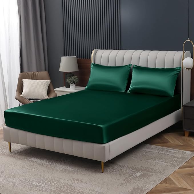 Homiest Blackish Green Satin Fitted Twin Size Bed Sheet, Deep Pocket, Luxury & by Homiest