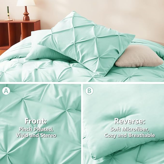 CozyLux King Size Comforter Set Mint Green, 7 Pieces Pintuck Bed in A Bag Green - Image 3