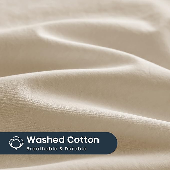 Wake In Cloud - Cotton Duvet Cover Set, Queen Size, Khaki Linen Color, 100% - Image 7