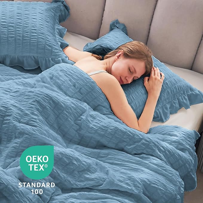 JOLLYVOGUE Twin Size Comforter Set, 2 Pieces Sea Blue Seersucker Lightweight - Image 6