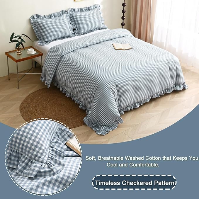 Silnuo Light Blue/White Plaid Ruffle Duvet Cover Full Size, 100% Washed Cotton - Image 3