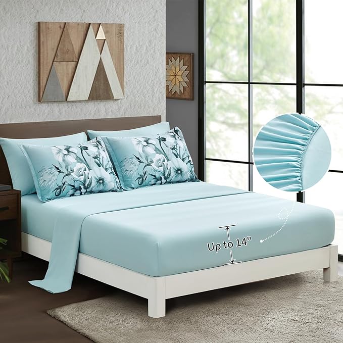 Luxudecor Floral Comforter Set Full Size 7 Piece, Aqua Flower Bed in a Bag - Image 4