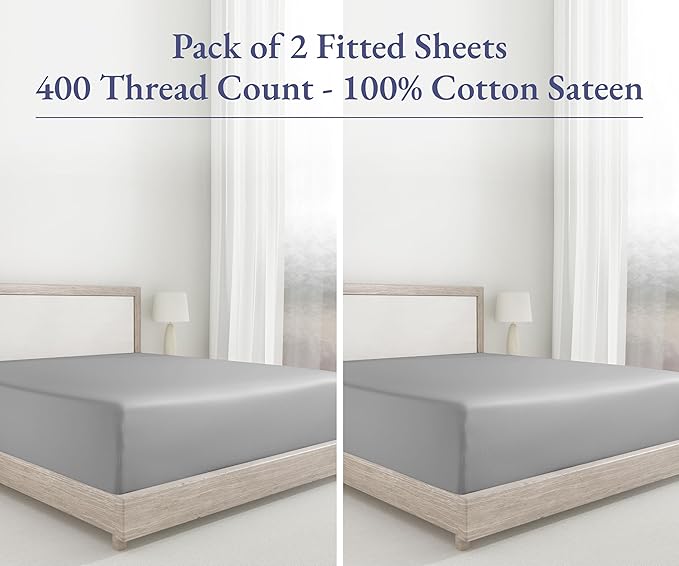 2 King Fitted Sheets, 400 Thread Count 100% Cotton Sateen, King Size Fitted - Image 4