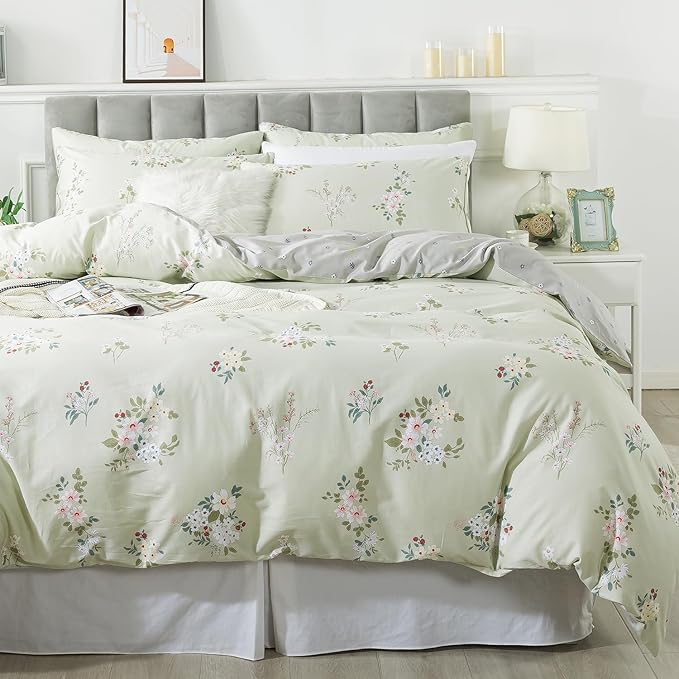FADFAY Floral Duvet Cover Set Queen 100% Cotton Sage Green Comforter Set - Image 9