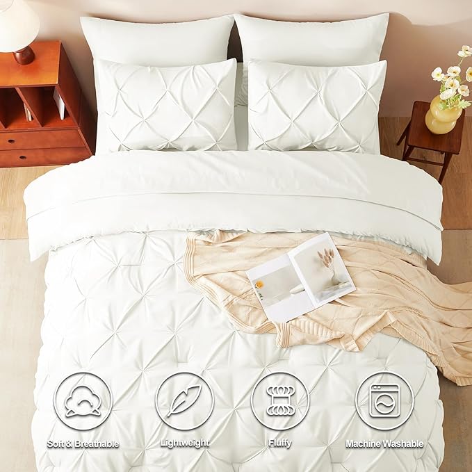 HIMEET Pintuck Bed in a Bag, 7 Pieces Full Size Comforter Set Ivory, Luxury - Image 2