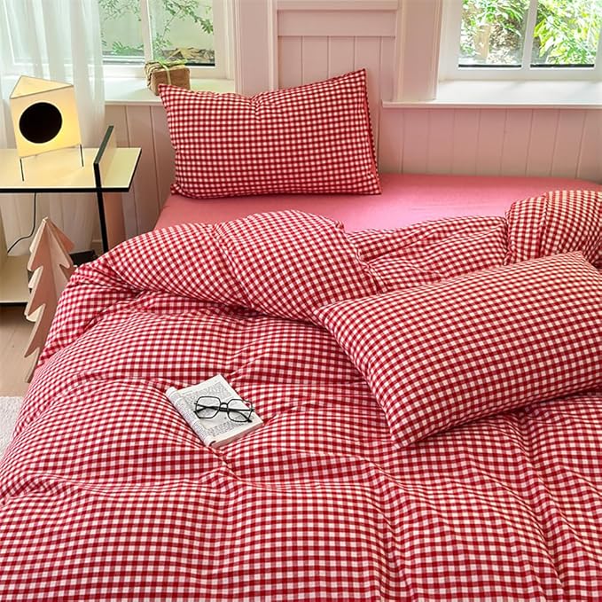 Nayoroom Red Gingham Duvet Cover Queen Size 100% Washed Cotton Plaid Checkered - Image 2