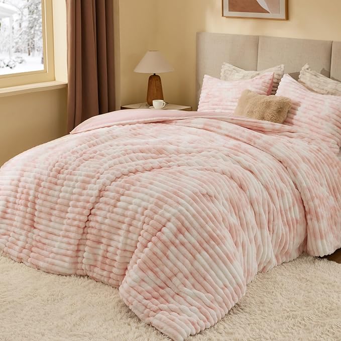 BEDELITE Fleece King Comforter Set -Super Soft & Warm Fluffy Pink&White Bedding - Image 2