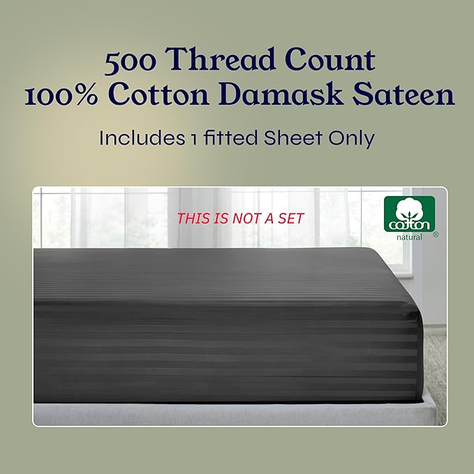 California Design Den Cotton Sateen Damask Stripe Queen Fitted Sheet Only - Image 5