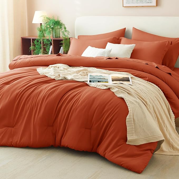 CozyLux Full Comforter Set Burnt Orange, 7 Pieces Bed in a Bag Terracotta by CozyLux