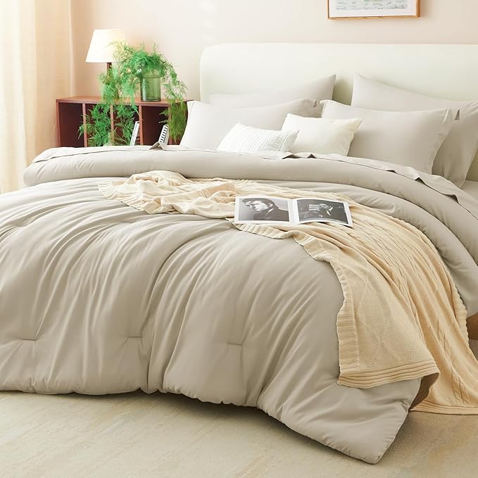 CozyLux Full Size Comforter Sets Oatmeal, 7 Pieces Bed in a Bag Full Comforter by CozyLux