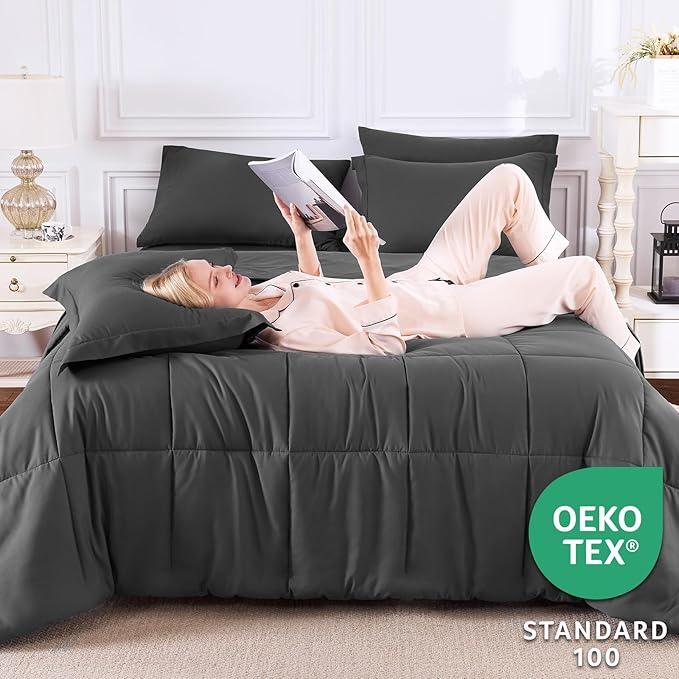 CozyLux Oversized Queen Comforter Sets Dark Grey, 7 Pieces Bed in a Bag - Image 3