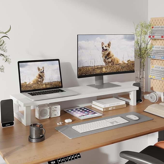 WESTREE Dual Monitor Stand Riser, Wood and Steel Monitor Stand Riser, Computer Monitor Stand for 2 Monitors, Multi-Purpose Desktop Storage Stand for Computer,Laptop,Printer,TV-DeskoryOffice