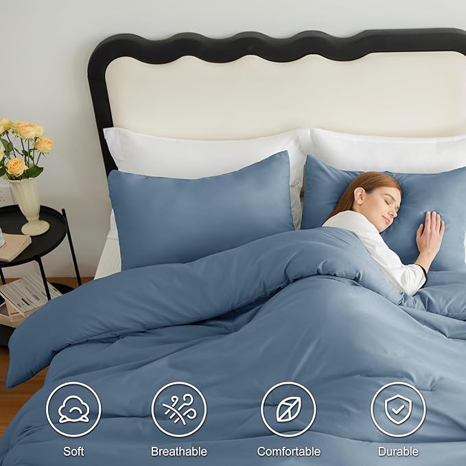 CozyLux Oversized Queen Comforter Set Grayish Blue, 3 Pieces 98x98 Solid - Image 5